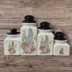4 Vintage Ceramic Canisters Peacock Garden Floral Ginger Jar Japan W/Lids MCM